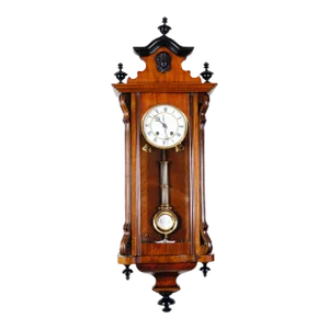 1892 Antique German Mechanical Wooden Wall Clock With Pendulum by Lenzkirch With Carved Columns Model 688
