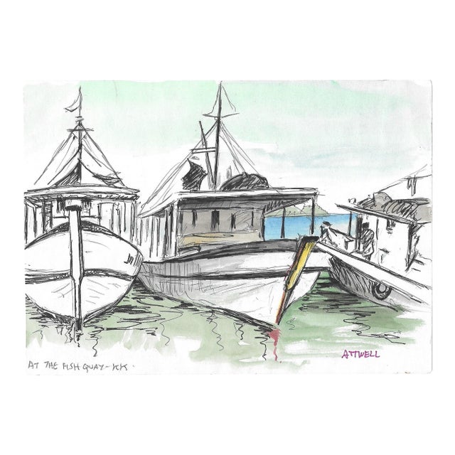 1950s Ivy Attwell Dockside Watercolor For Sale