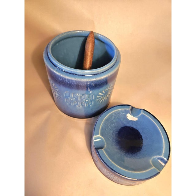 Mid Century Danish Modern Humidor Ashtray Combination Blue Pottery For Sale - Image 4 of 7