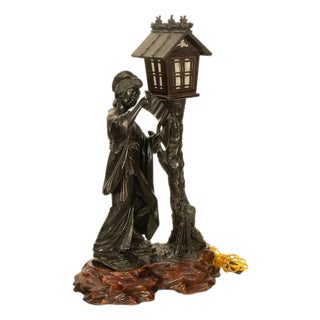 Antique Japanese Meiji Period Cast Bronze Geisha Statue Figure Lamp Signed 1890 For Sale