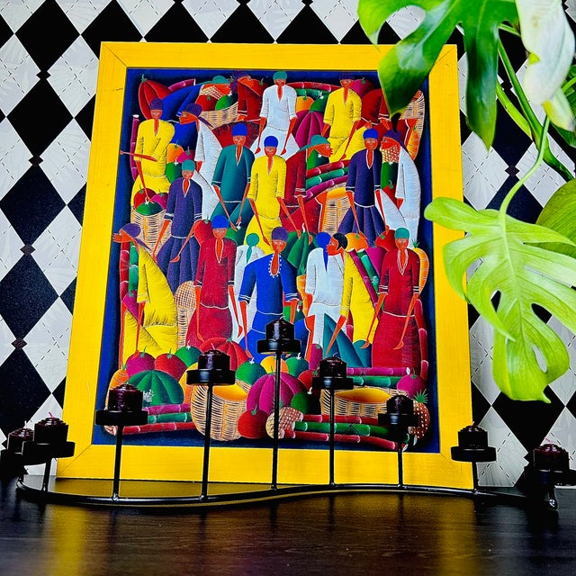 Wood Signed Haitian Market Scene Folk Art Painting in Yellow Frame, 26" For Sale - Image 7 of 11
