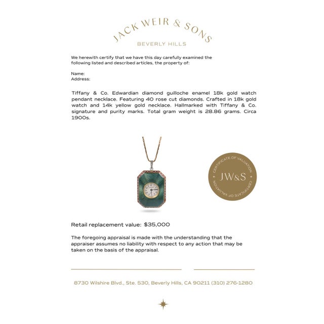 Metal Early 20th Century Tiffany & Co. Edwardian Diamond Guilloche Enamel 18k Gold Watch Pendant Necklace For Sale - Image 7 of 7