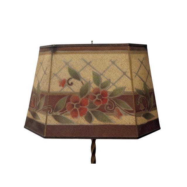 Antique Wire Mesh Rembrandt Style Shade With Painted Stenciled Red Rose and Green Floral Design on 1920s Painted Gold Floor Lamp For Sale In Los Angeles - Image 6 of 15