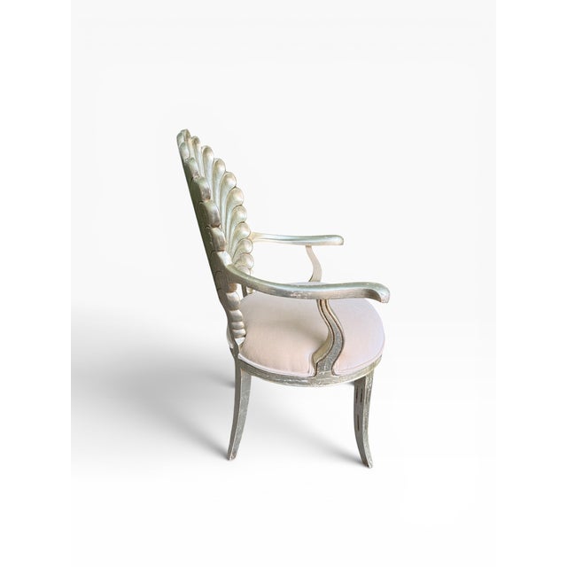 Silver Late 20th Century Hollywood Regency Silver Leaf Shell Back Armchairs in Brunschwig & Fils Velvet – Pair For Sale - Image 8 of 13