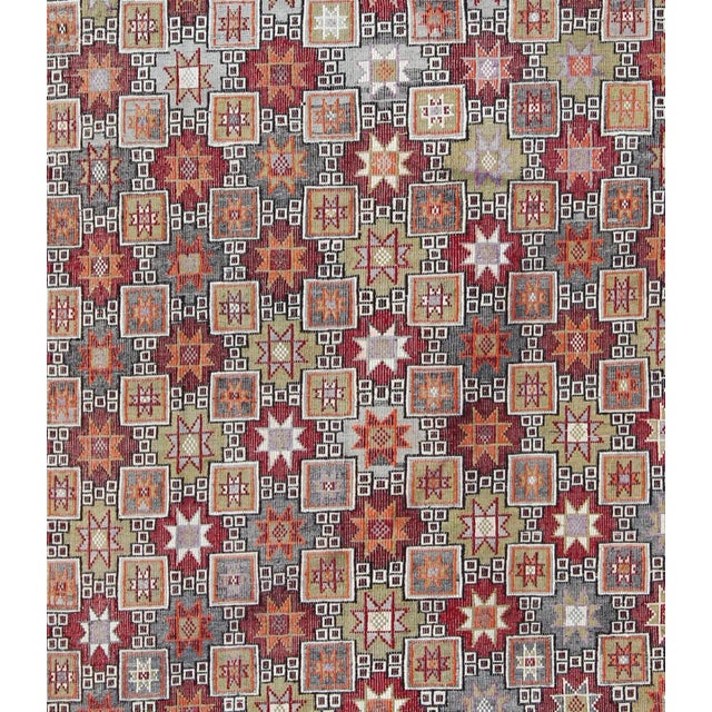 Turkish Vintage Embroidered Kilim Rug With Tribal Star and Box Shapes in Colorful Tones For Sale - Image 4 of 7