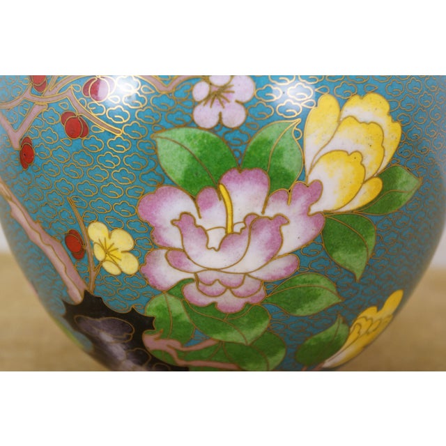 Turquoise Antique Chinese Brass Cloisonne Enamel Cherry Blossom Ginger Jar Vase Urn 7" For Sale - Image 8 of 16