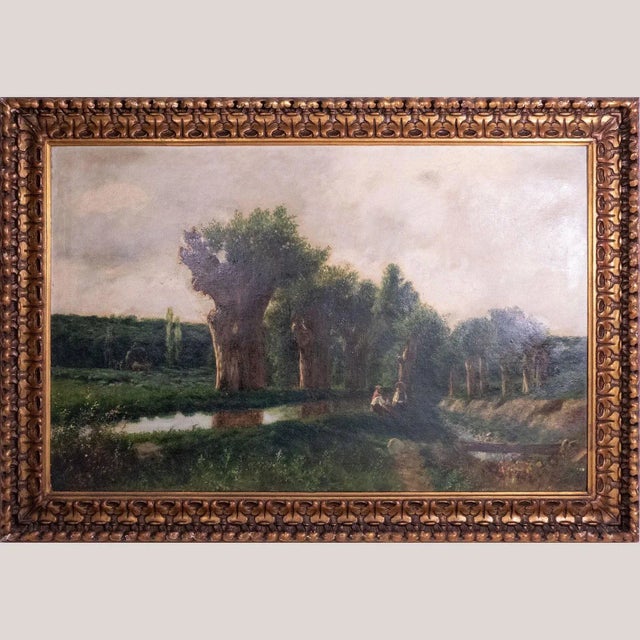 Pastoral Riverbank Scene, Oil on Canvas, Framed, in Good conditions. Designed before 1890