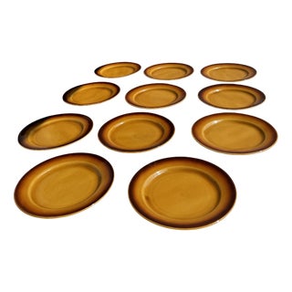 Dark Brown and Yellow Stoneware Plates, 1980s, Set of 11 For Sale