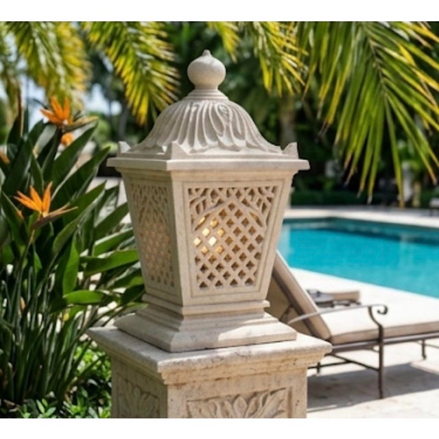 Cream Vintage Palm Beach Regency Pier-Top Cast Stone Garden Lantern For Sale - Image 8 of 12