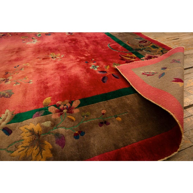 1920s Antique Pink Floral Open Field Modernist Knotted Wool Chinese Art Deco Rug For Sale - Image 9 of 9