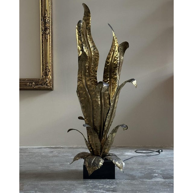 Wood Brass Floor Lamp attributed to Henri Fernandez for Maison Honoré, 1970s For Sale - Image 7 of 7