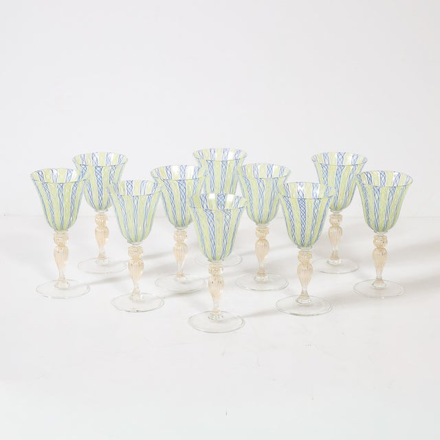 This stunning set of eight hand-blown Murano wine glasses embodies mid-20th century Venetian artistry, crafted in Murano,...