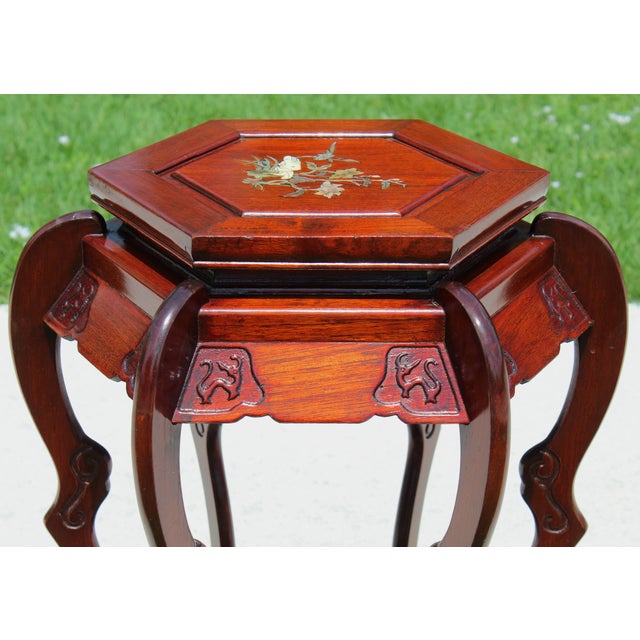 Shell Vintage Chinese Rosewood Hexagonal Plant Stand / Pedestal With Mother-of-Pearl Inlay For Sale - Image 7 of 16