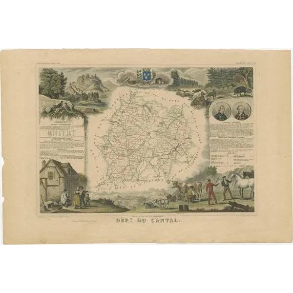 Antique map titled 'Dépt. du Cantal'. Map of the French department of Cantal, France. This area of France is known for its...