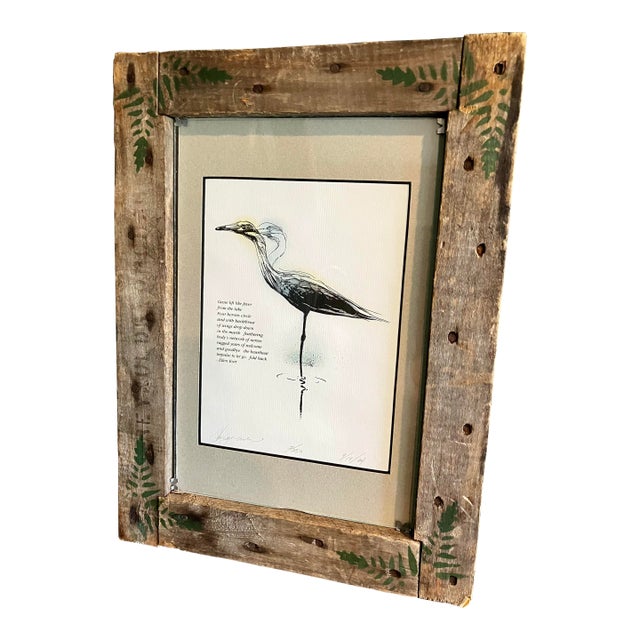 1990s Framed Limited Edition Etching With Poem by Ellen Kort, Featuring Reclaimed Barn Wood Frame For Sale