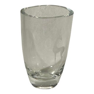 Vintage Scandinavian Large Glass Vase Art-Glass Etched Deer, C. 1950s-1960s For Sale