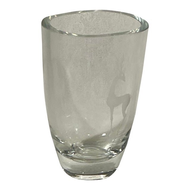 Vintage Scandinavian Large Glass Vase Art-Glass Etched Deer, C. 1950s-1960s For Sale