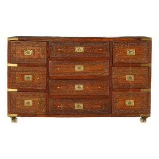 Vintage Campaign Style Inlaid Walnut Dresser Chest, Brass Inlay Carved Wood 10 Drawer Cabinet For Sale