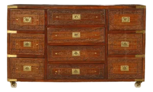 Vintage Campaign Style Inlaid Walnut Dresser Chest, Brass Inlay Carved Wood 10 Drawer Cabinet