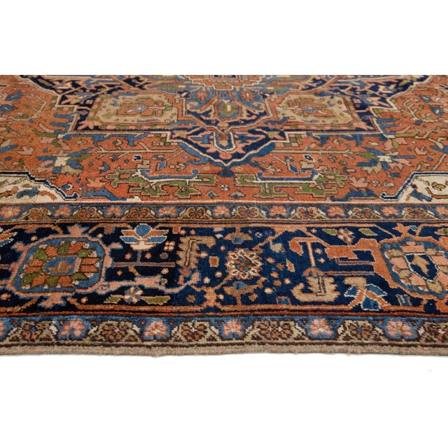 1900s Antique Persian Heriz Wool Rug Handmade in Rust With Medallion Design For Sale - Image 9 of 11