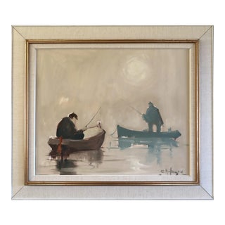 Mid-Century Modern 'Moments Between Casts' Original Swedish Figurative Seascape Oil Painting, Framed For Sale