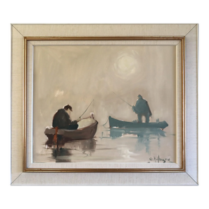 Mid-Century Modern 'Moments Between Casts' Original Swedish Figurative Seascape Oil Painting, Framed
