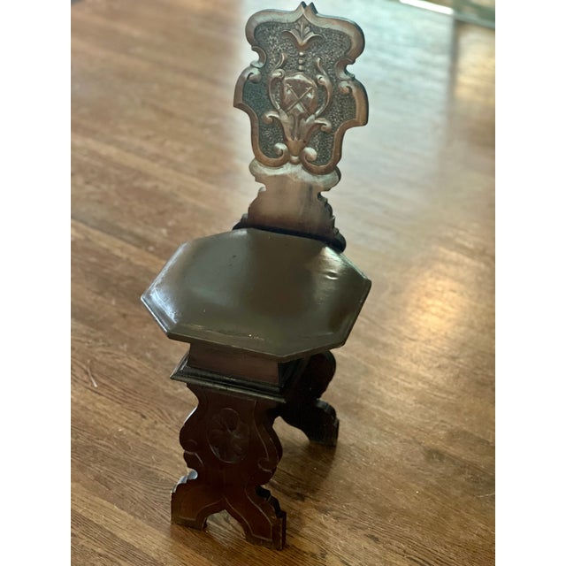 Wood Mid 20th Century Spanish Renaissance Revival Carved Walnut Sgabello Hall Chair With Leather Seat For Sale - Image 7 of 11