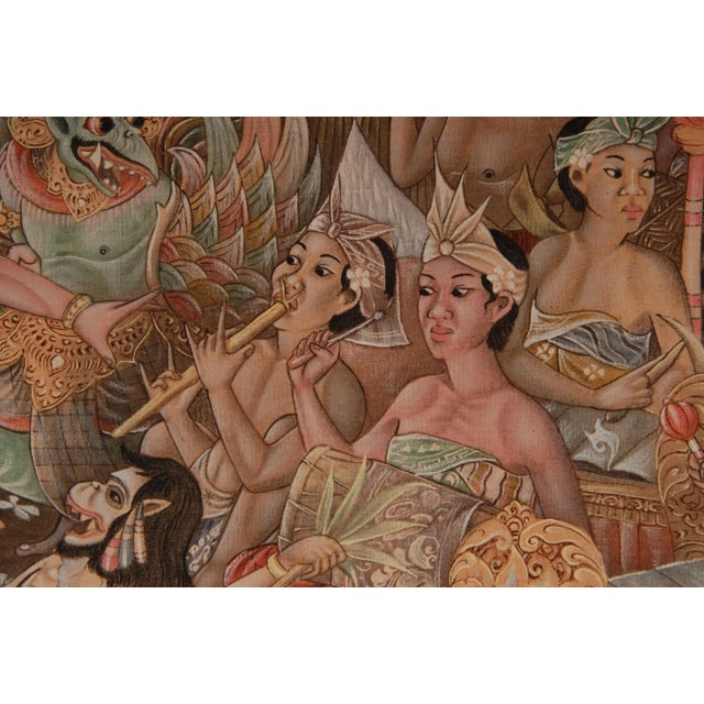 Green Mid Century Asian Oil Painting Javanese Indonesian Carnival on Bali (Ubud) Hand Painted on Linen Framed Tariff Free Delivery For Sale - Image 8 of 13