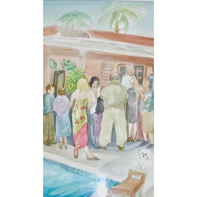 Figurative 1970s Original Palm Springs Hysterical Society Poolside Gossip Party Watercolor Framed Paintingi For Sale - Image 3 of 9