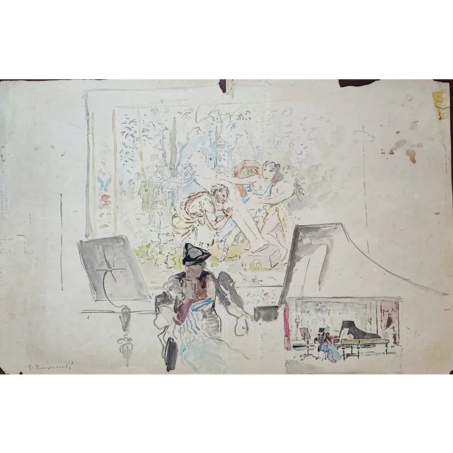 Guglielmo Innocenti, Etude pour scène de théâtre au piano, Crayon & Watercolor on Paper For Sale
