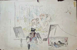 Guglielmo Innocenti, Etude pour scène de théâtre au piano, Crayon & Watercolor on Paper