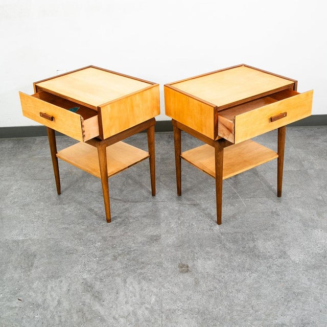 Mid-Century Modern Mid Century Modern Nightstands Side Table Birch Walnut Drawer Italian End Set 2 For Sale - Image 3 of 12