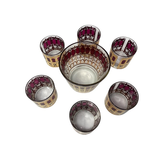 Culver Ltd. Mid Century Culver Cranberry Scroll Cocktail Set, 6 Rocks Glasses, Ice Bucket For Sale - Image 4 of 9
