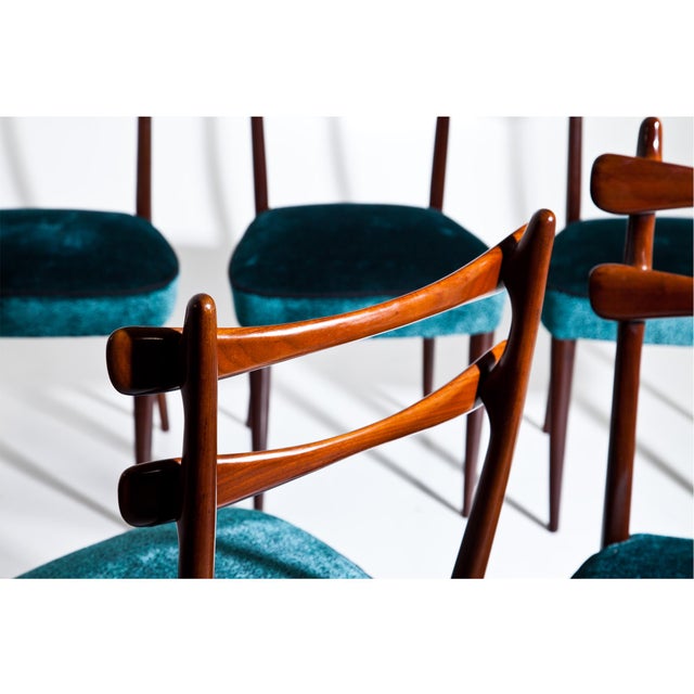 Set of Six Italian Mid-Century Dining Chairs attributed to Vittorio Dassi. Stained Beechwood. Completely reupholstered.