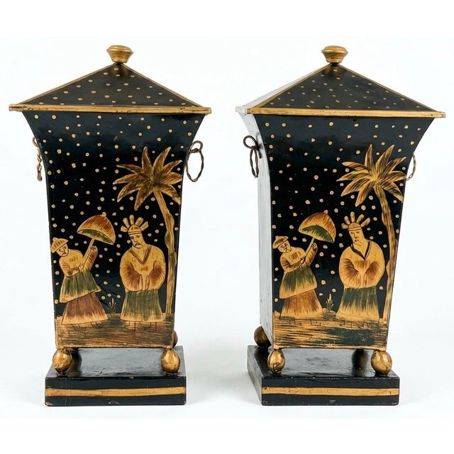 Pair Vintage Chinoiserie Tole Covered Urns For Sale - Image 13 of 13