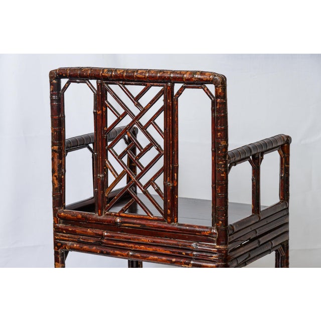 19Th C. Pair Chinese Dark Tortoiseshell Bamboo Armchairs Early For Sale - Image 9 of 12