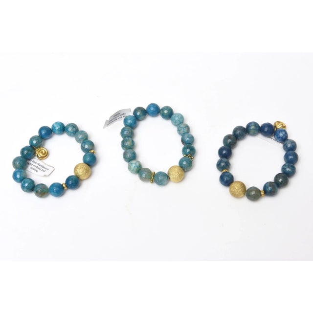 Set of 3 Jeweler Custom Made Beaded Blue Sapphire Agate Gold Ball Bracelets For Sale - Image 4 of 10