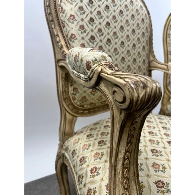 French Louis XV Style Bergère Armchair, Painted Frame, Floral Embroidery, a Pair For Sale - Image 14 of 15