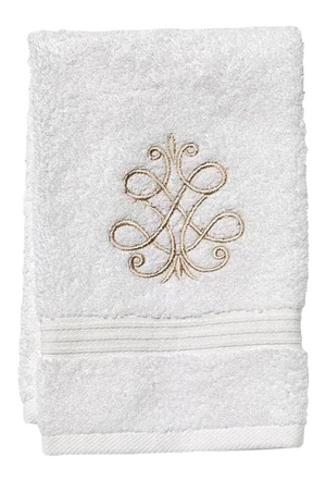 Beige French Scroll Guest Towel White Terry, Embroidered