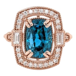 5.4Ct Blue Zircon Ring With Earth Mined Diamonds: Solid 14k Gold, Cushion 10x7mm, Size 6.75 For Sale