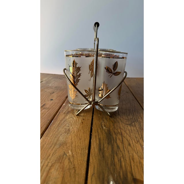 Gold Mid-Century Modern Libby “Golden Foliage”Frosted Highball Glasses and Caddy Set of 8 For Sale - Image 8 of 11