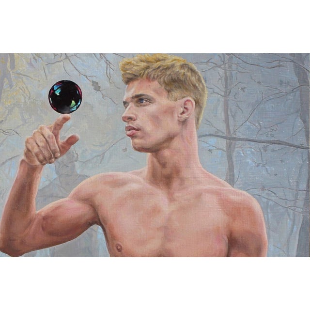 Wood Nymph by John Tarantola | Oil on Cradled Panel Young man balancing a sphere in a forest setting. For Sale - Image 4 of 4