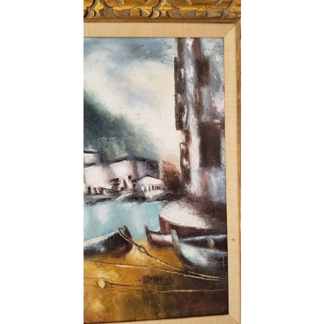 Wood 1970s Italian Boats Landscape Oil on Canvas Painting, Signed For Sale - Image 7 of 11