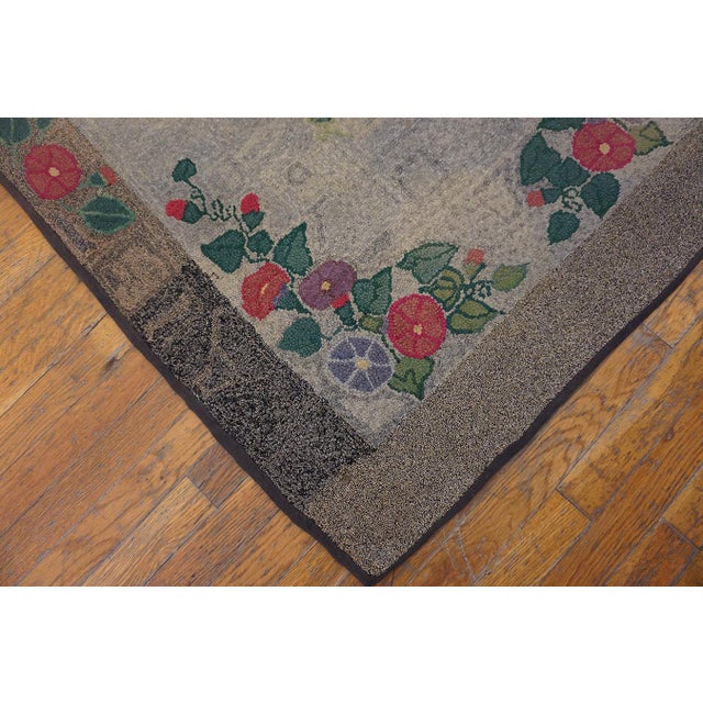 Gray 1930s Gray Floral Folk Art Antique American Hooked Rug 3 X 4'9" Handknotted Wool Carpet For Sale - Image 8 of 11