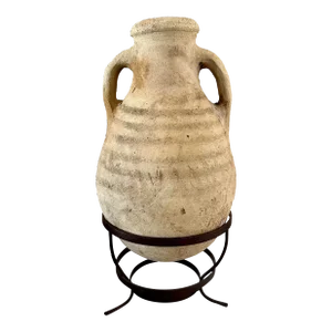 Large Antique Italian Pottery Oil Jar on Wrought Iron Base