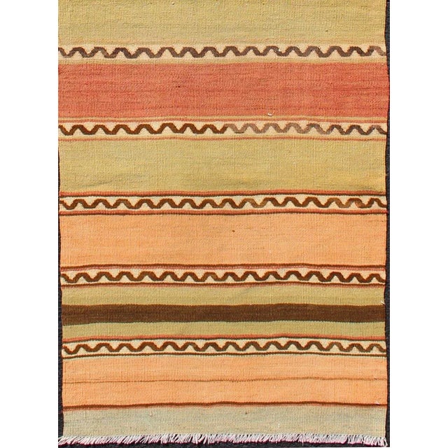 Turkish Vintage Turkish Hand Woven Kilim Runner With Stripes in Red, Green, Yellow, and Orange For Sale - Image 3 of 11