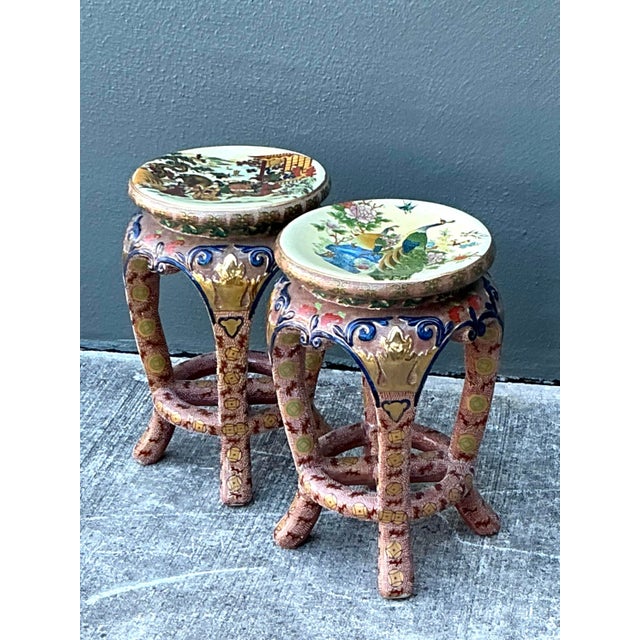 Vintage Asian Glazed Ceramic Low Stools - A Pair For Sale - Image 11 of 12