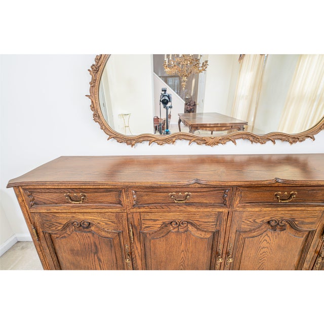 French Provincial Custom French Provincial Style Oak Buffet / Sideboard – Baker Style, Carved Details, 83” For Sale - Image 3 of 6