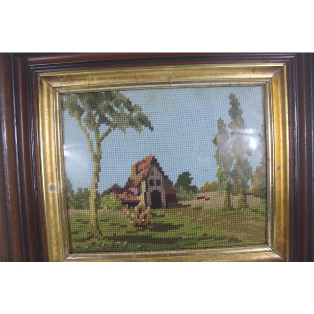 Wood Early 20th Century Needlepoint in Antique Wood Frame Cottagecore Country Style Embroidered Picture For Sale - Image 7 of 10