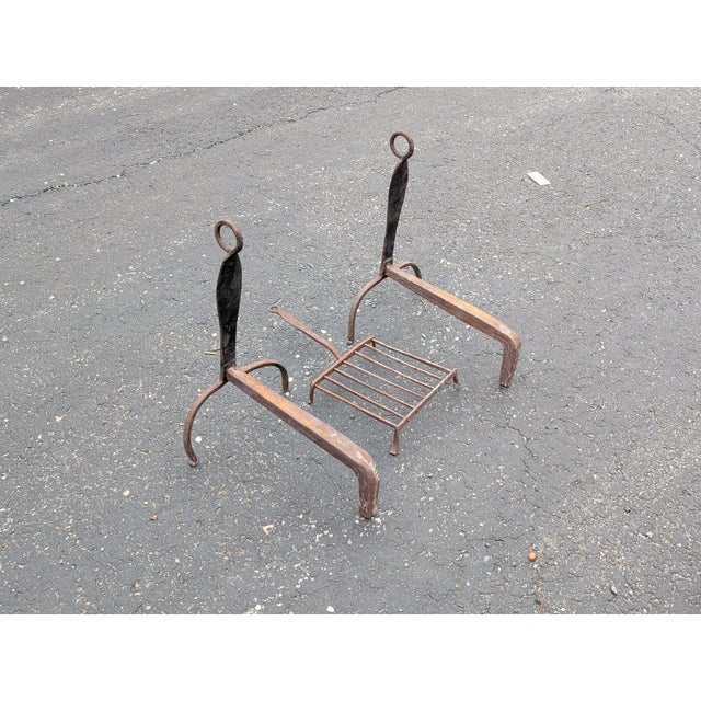 Early 20th Century Antique Wrought Iron Fireplace Andirons and Grate For Sale - Image 11 of 11